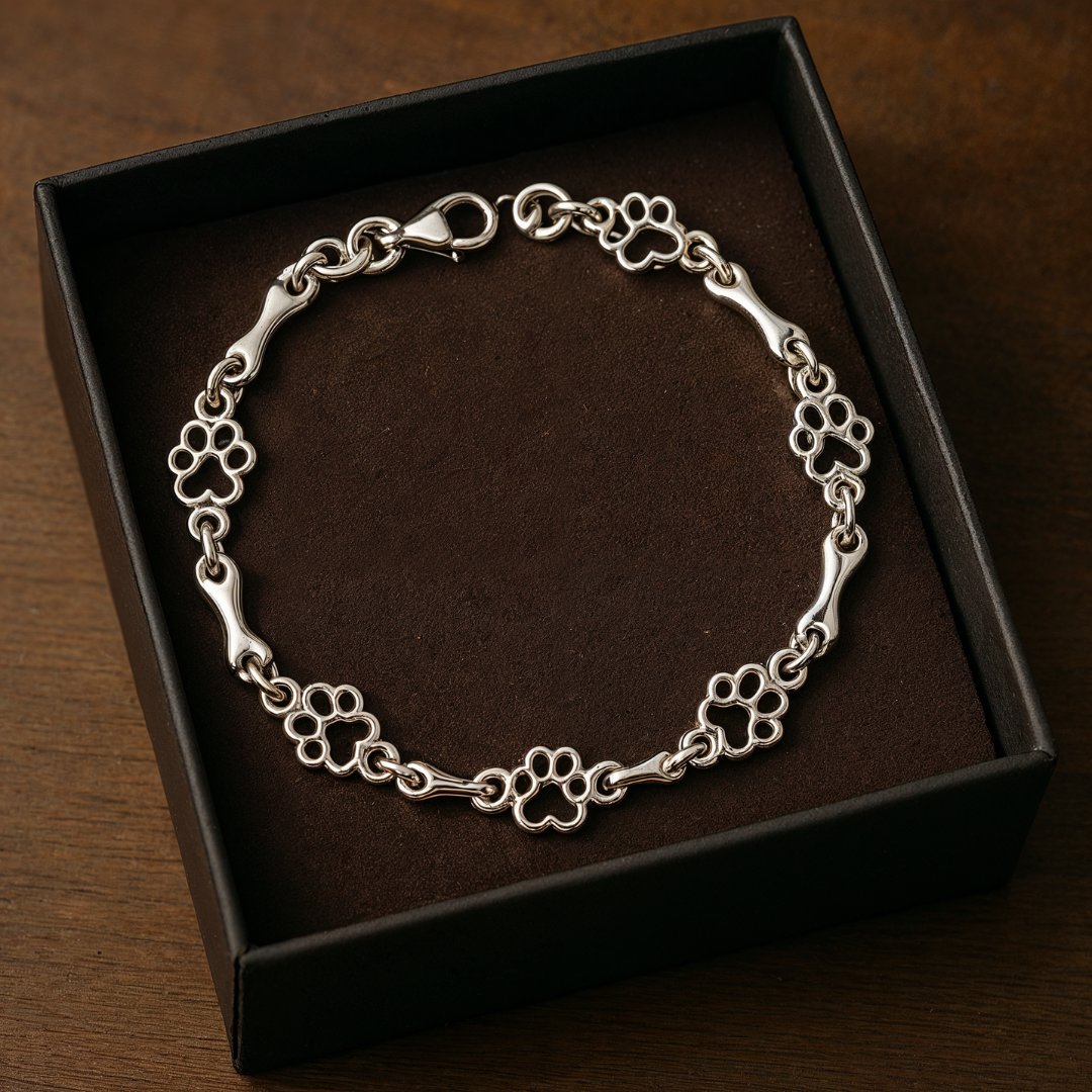 Silbernes Armband mit Hundepfoten- und Knochenanhänger