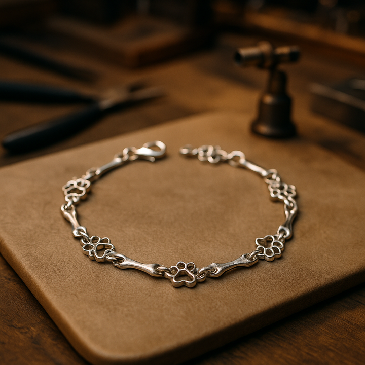 Silbernes Armband mit Hundepfoten- und Knochenanhänger