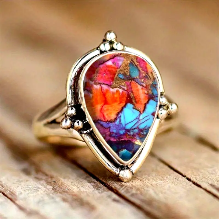Bague en mosaïque de pierres précieuses colorées éclatantes