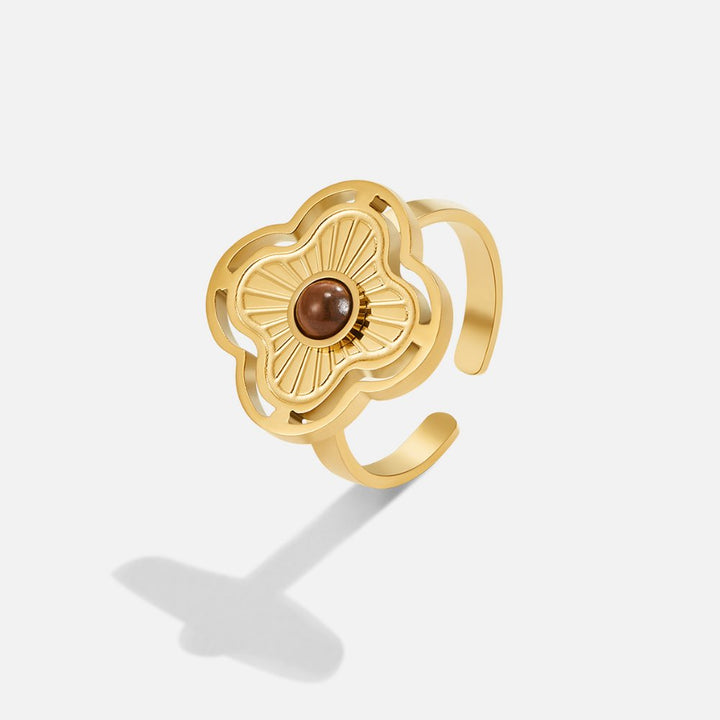 Anneau floral porte-bonheur en œil de tigre – Bijou élégant pour attirer la chance